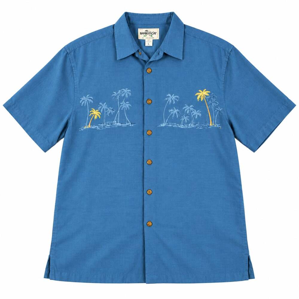 Bamboo Cay Men's Blue Embroidered Palm Camp Shirt Size XL